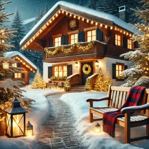 Verschneites Alpenhaus mit Lichterketten und Laternen am Abend