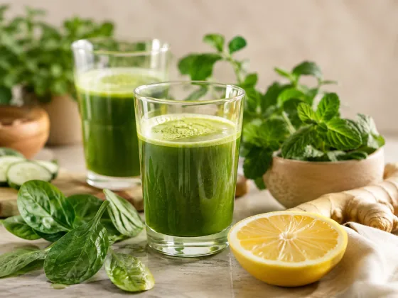 Zwei Gläser grüner Saft neben Minze, Zitrone und Ingwer