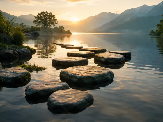 Trittsteine führen bei Sonnenaufgang über einen stillen See