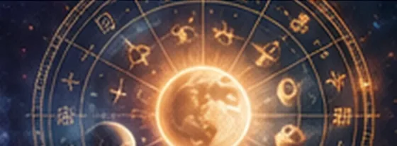 Tierkreisrad mit Sonne und Planeten vor Sternenhimmel