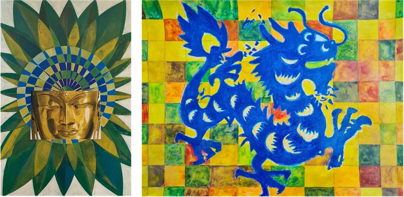 Zwei Gemälde: goldenes Buddha-Gesicht zwischen grünen Blättern und blauer Drache auf bunten Quadraten