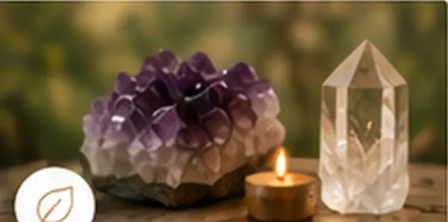 Amethyst, Bergkristall und Teelicht auf Holz