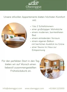 Rückseite des Flyers der Ferienappartements Obereggut mit der Ausstattung der Appartements